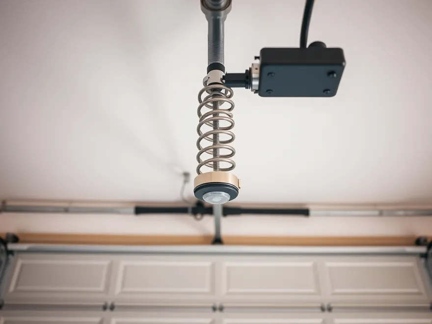 Torsion spring, shaft and cable drum mounted above a closed sectional garage door