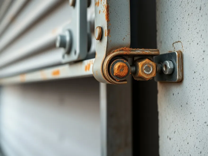 Corrosion on garage door hardware at the base of the track