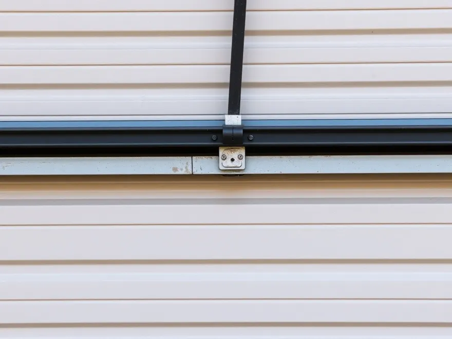 Horizontal steel strut braced across the back of a garage door panel