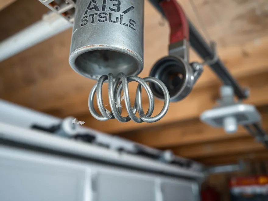 Broken garage door torsion spring showing the gap where the coil separated